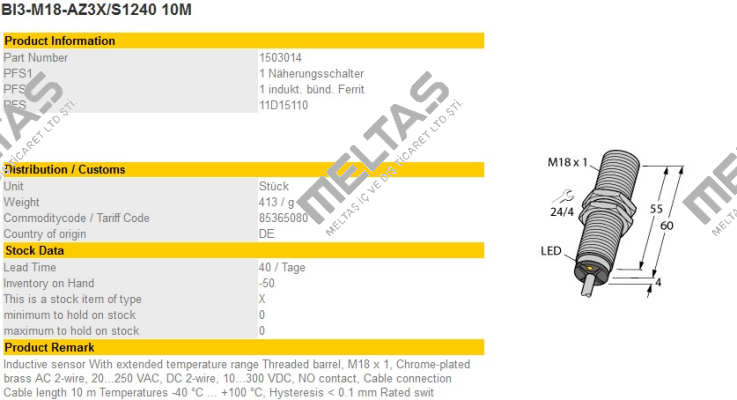 BI3-M18-AZ3X/S1240 10M Turck