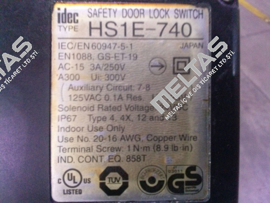 HS1E-740 SAFETY DOOR LOCK SWITCH IEC/EN 60947-5-1 - OEM Idec